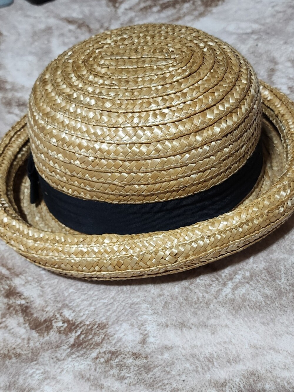 VINTAGE 80’s Straw Boater Hat Black Ribbon Cottage Chic French Riviera Style - Picture 3 of 8